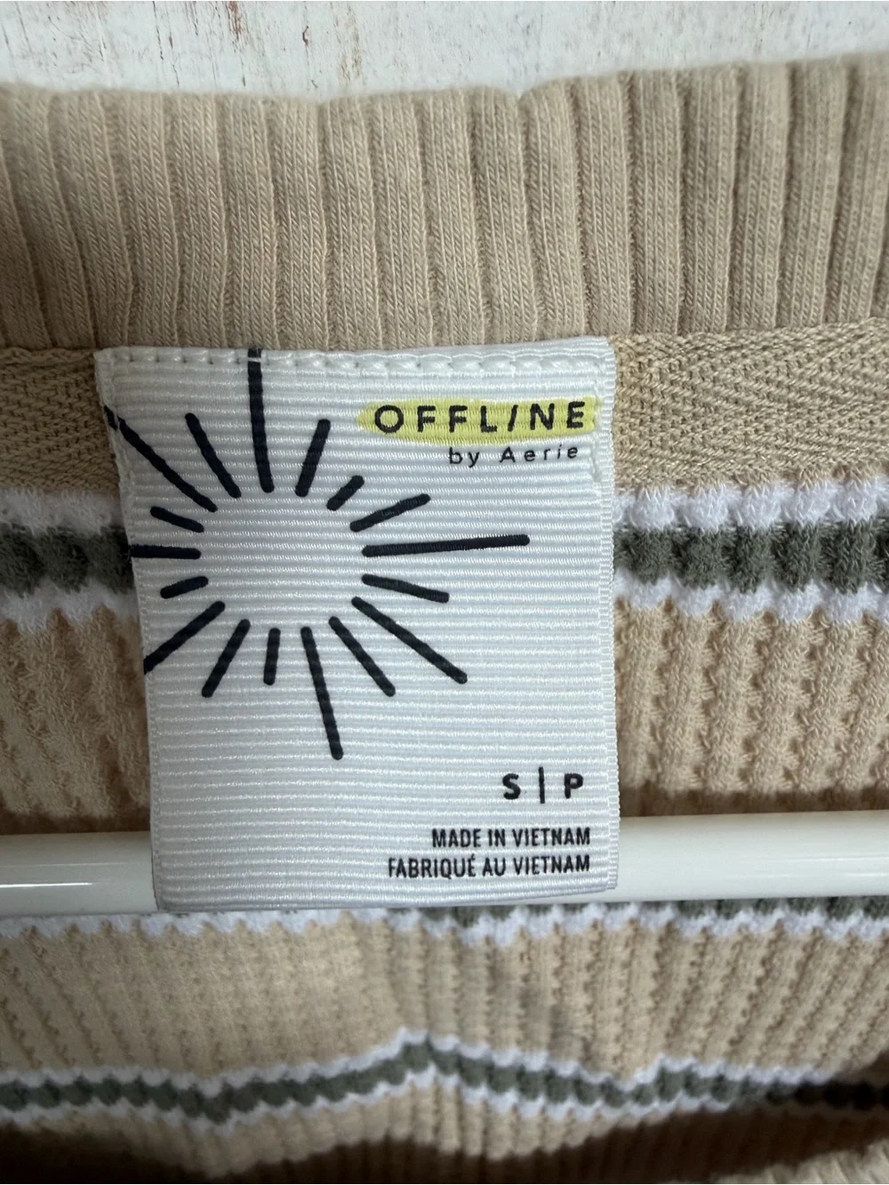 Aerie Offline Beige Striped Knit Top with Olive & White Accents